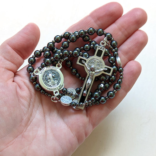 St. Benedict gunmetal hematite military style five decade Rosary - medium size