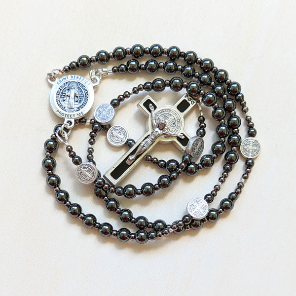 St. Benedict gunmetal hematite military style five decade Rosary - medium size