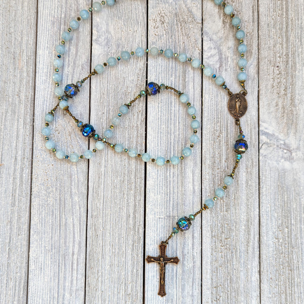 STELLA MARIS - Aquamarine Jade & iridescent glass, & true bronze 5 decade Rosary