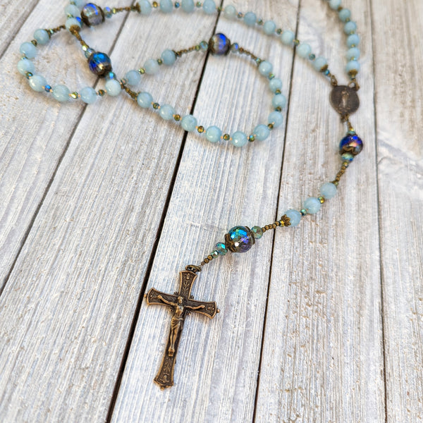 STELLA MARIS - Aquamarine Jade & iridescent glass, & true bronze 5 decade Rosary