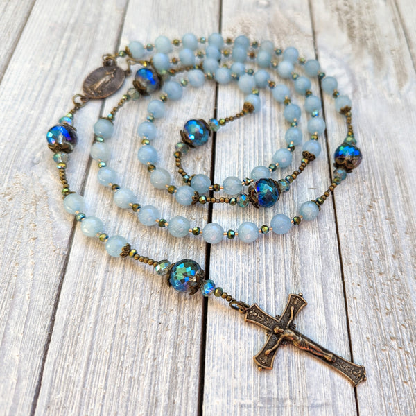 STELLA MARIS - Aquamarine Jade & iridescent glass, & true bronze 5 decade Rosary