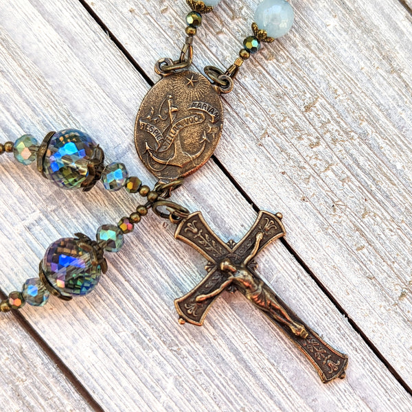 STELLA MARIS - Aquamarine Jade & iridescent glass, & true bronze 5 decade Rosary