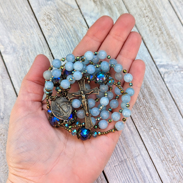 STELLA MARIS - Aquamarine Jade & iridescent glass, & true bronze 5 decade Rosary