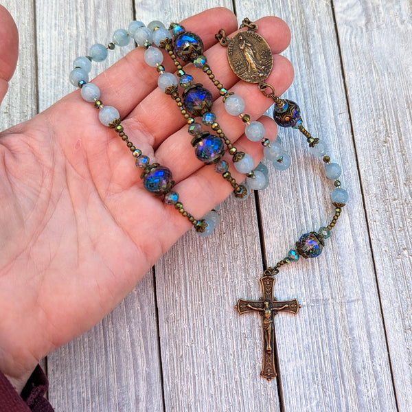 STELLA MARIS - Aquamarine Jade & iridescent glass, & true bronze 5 decade Rosary