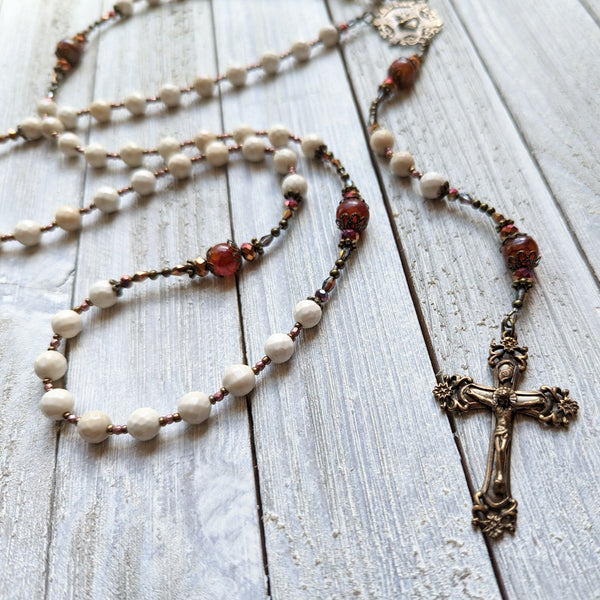 SACRED HEART - White shell, Dragon's Vein Agate, & true bronze 5 decade Rosary with Large center/crucifix