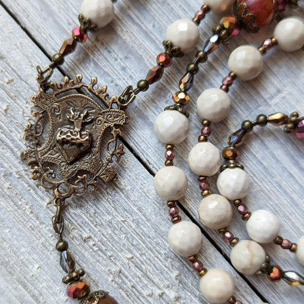 SACRED HEART - White shell, Dragon's Vein Agate, & true bronze 5 decade Rosary with Large center/crucifix