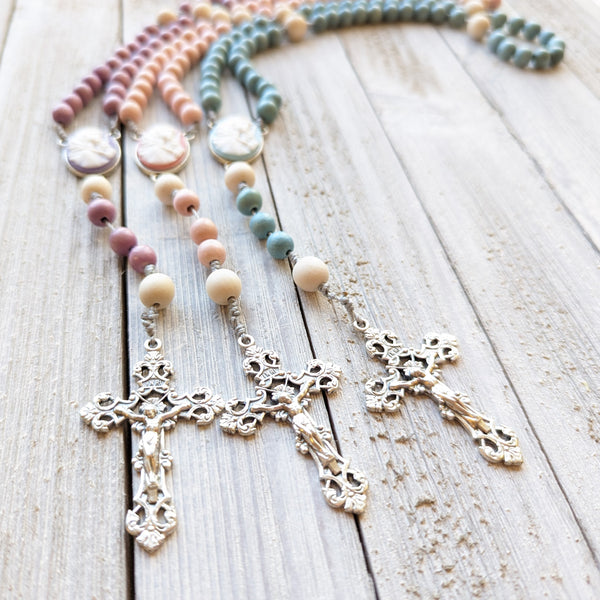 Pastel Corded Blessed Mother Rosary with painted wood beads, nylon cording, scultured resin center