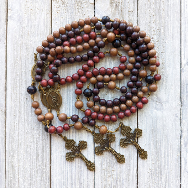Corded St. Michael  Rosary with painted wood beads, nylon cording, Italian bronze tone hardware