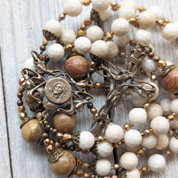 Art Nouveau style Ecce Homo -  Jade, Picasso Jasper & True Bronze Vintage 5 decade Rosary