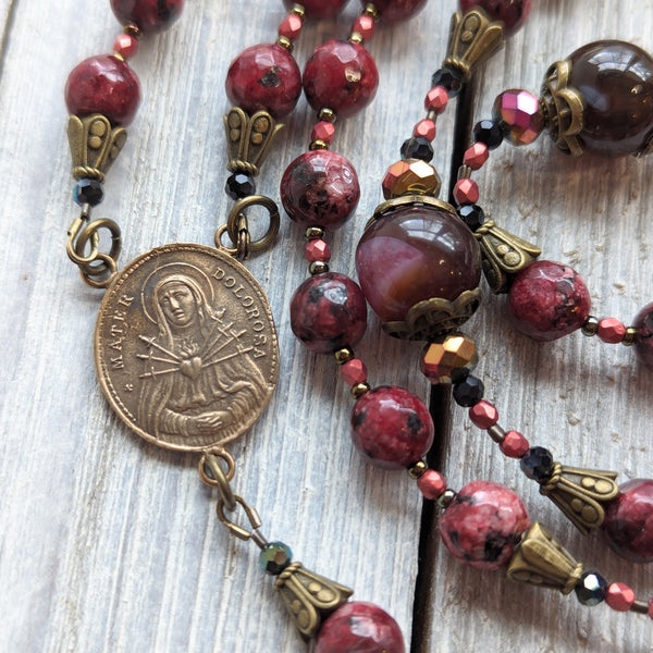Our Lady of Sorrows Servite Rosary - Seven Sorrows of Mary Chaplet- Jade, Quartz, True Bronze
