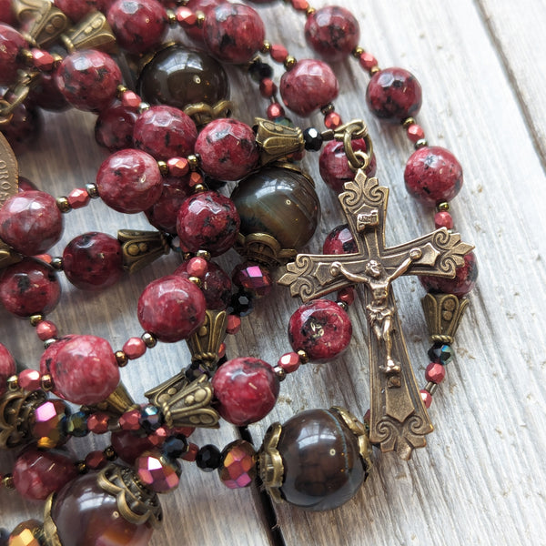 Our Lady of Sorrows Servite Rosary - Seven Sorrows of Mary Chaplet- Jade, Quartz, True Bronze