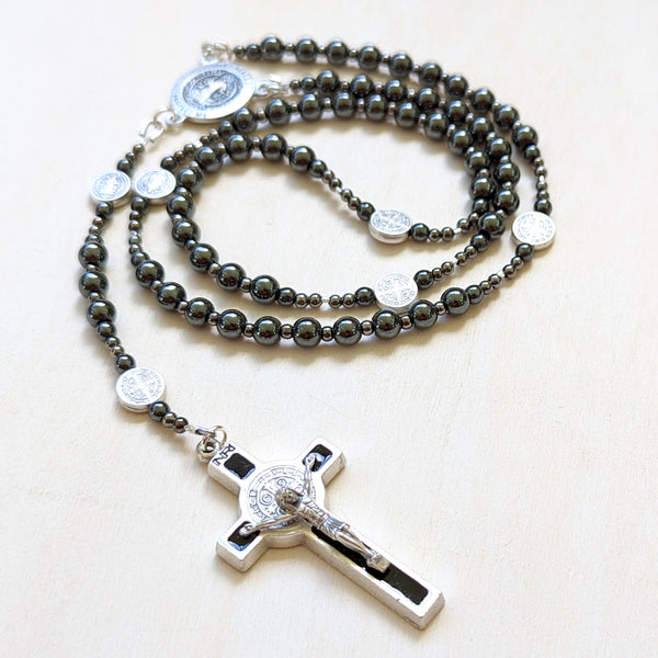 St. Benedict gunmetal hematite military style five decade Rosary - medium size