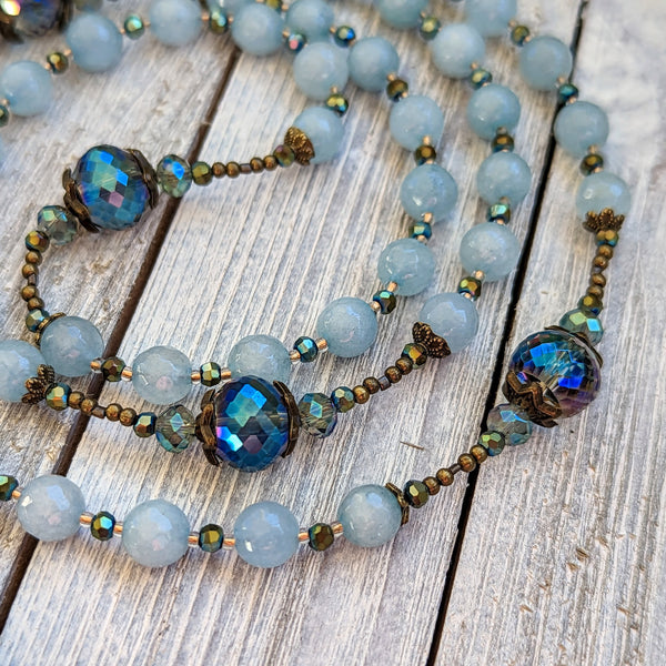 STELLA MARIS - Aquamarine Jade & iridescent glass, & true bronze 5 decade Rosary