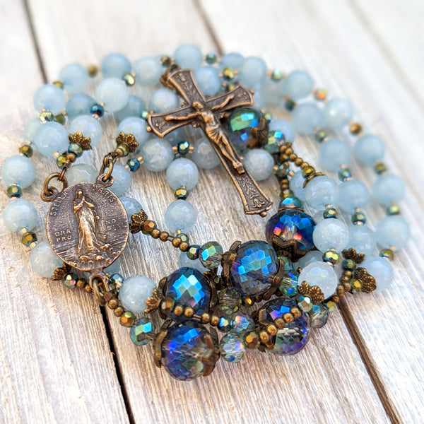STELLA MARIS - Aquamarine Jade & iridescent glass, & true bronze 5 decade Rosary