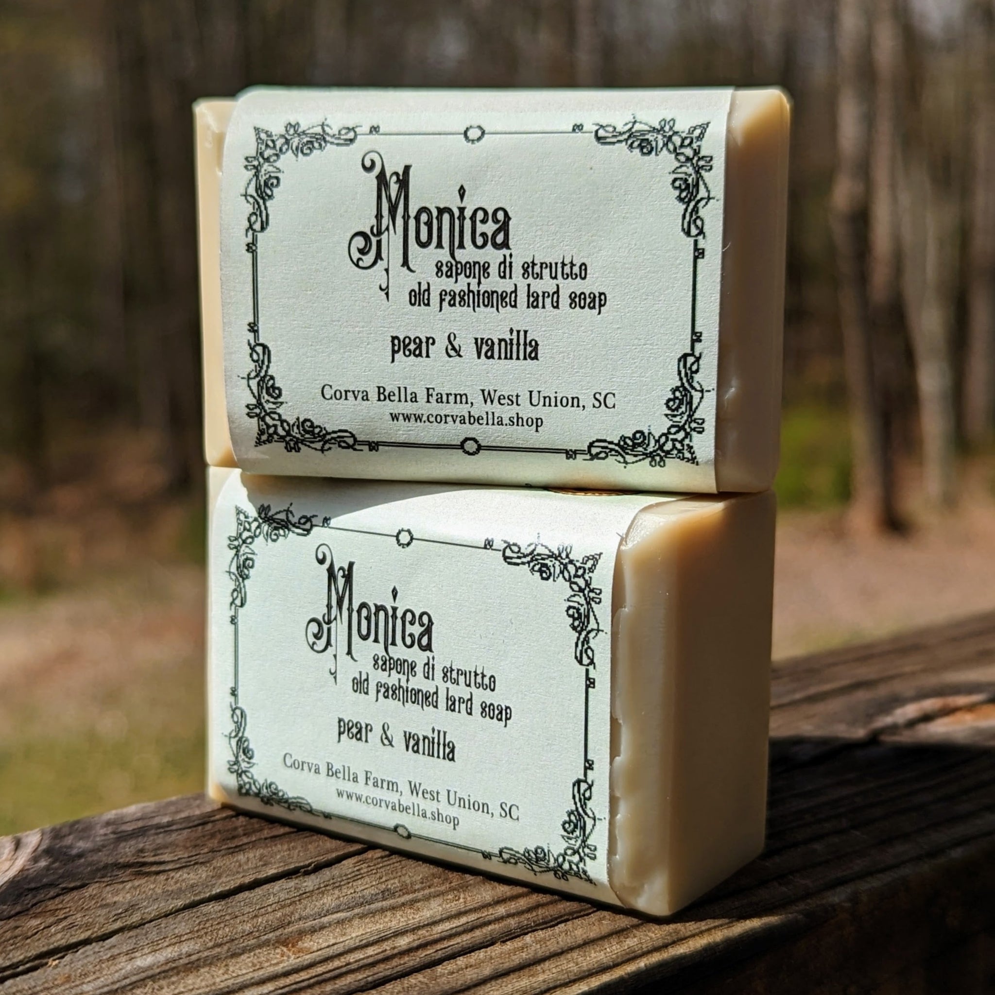 MONICA  lard soap - Pear & Vanilla (Reduced price FULL SIZE bars due to corner damage, SAMPLES AVAILABLE)