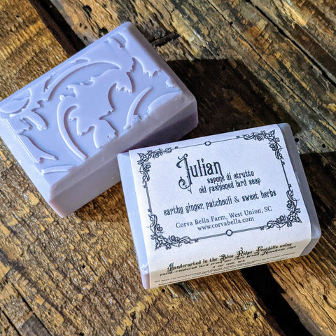 JULIAN lard soap - Earthy ginger, patchouli & sweet herbs (FULL SIZE, SAMPLES AVAILABLE)